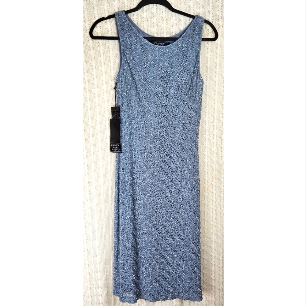 (NEW) Carmen Marc Valvo Dusty Blue Beaded Shift Dress Silk Gown Size 12